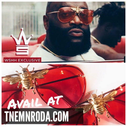 Rick Ross in I’ll Be Rich Forever Bee Sunglasses Yellow on Fox's Star Cherry Red SUNNIES + OPTICS Sunglasses Collection- NRODA